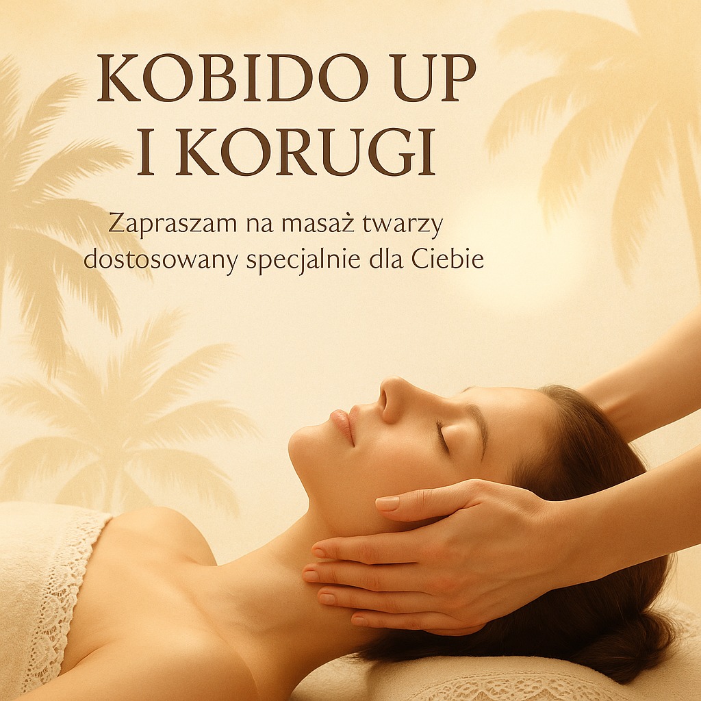 Masaż Kobido UP i Korugi: kobieta relaksuje się podczas masażu twarzy, dłonie masażysty delikatnie dotykają jej skóry. Tło zdobią motywy palm.