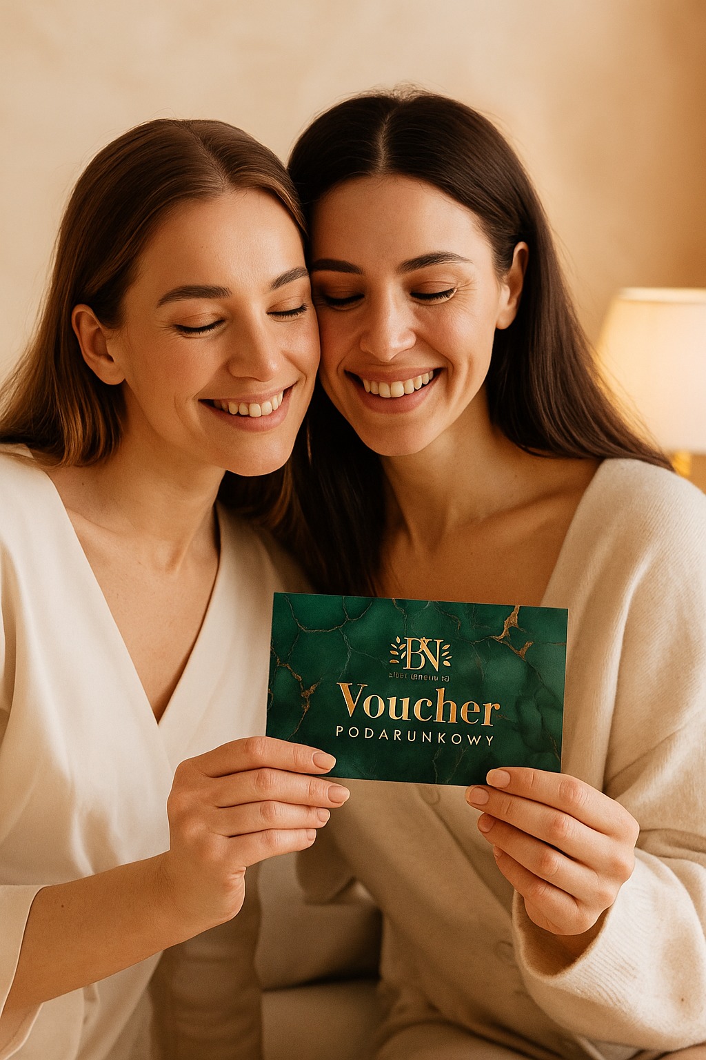 Dwie uśmiechnięte kobiety trzymają voucher prezentowy na tle stonowanego wnętrza. Voucher w odcieniach zieleni i złota.