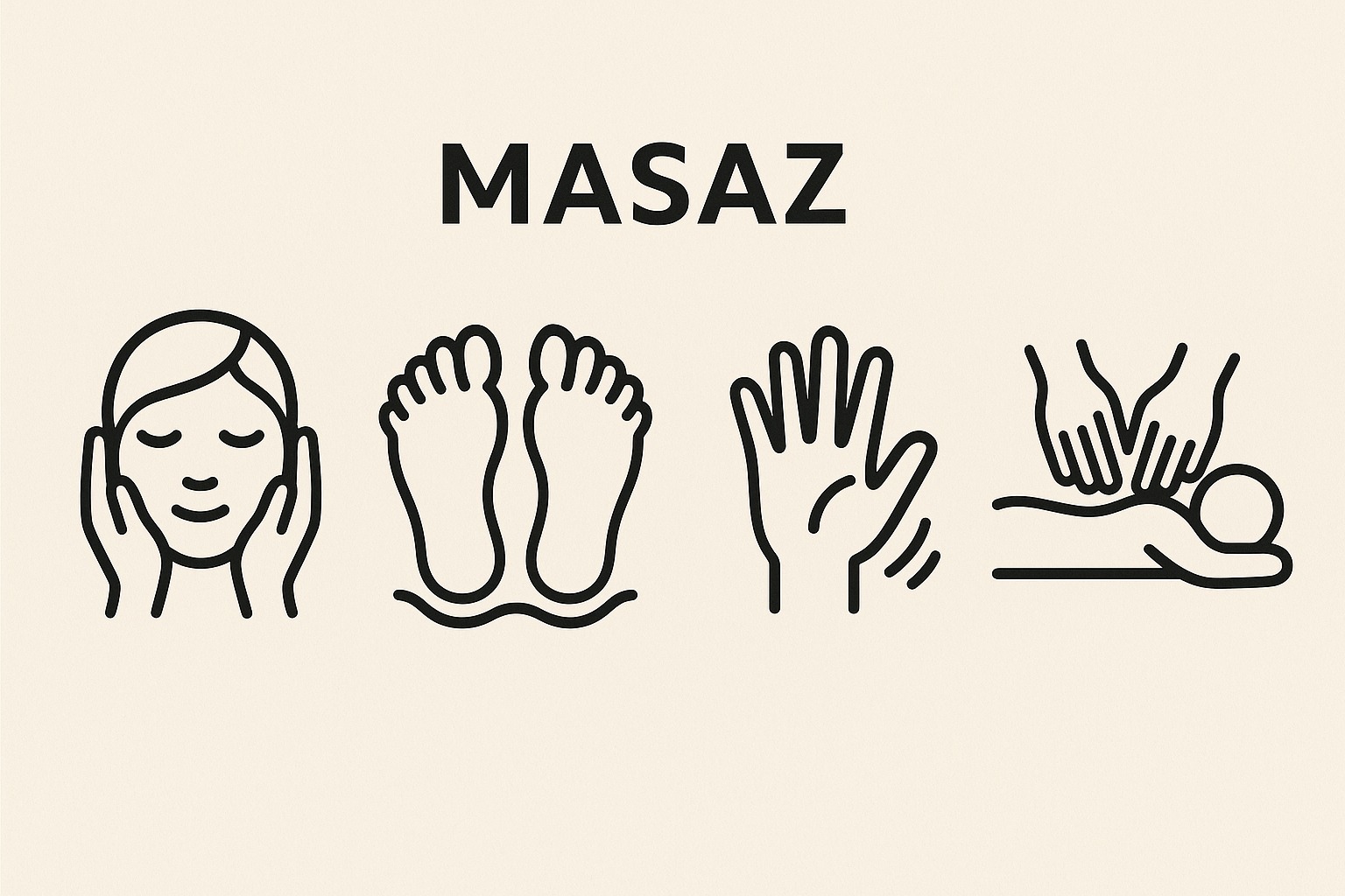 Czarno-biała grafika wektorowa z napisem 'MASAŻ' i ikonami: twarz, stopy, dłoń, masaż pleców. Minimalistyczny design na kremowym tle, ilustrujący różne rodzaje masażu.