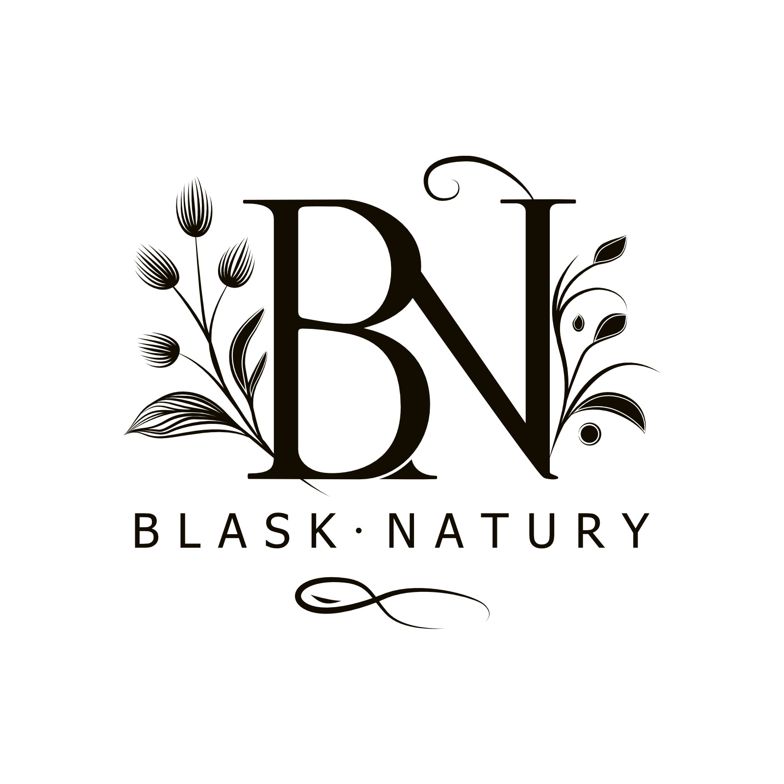 Eleganckie logo 'BN Blask Natury' w czerni, z motywami roślinnymi. Litery B i N zdobione delikatnymi gałązkami i liśćmi. Minimalistyczny design.