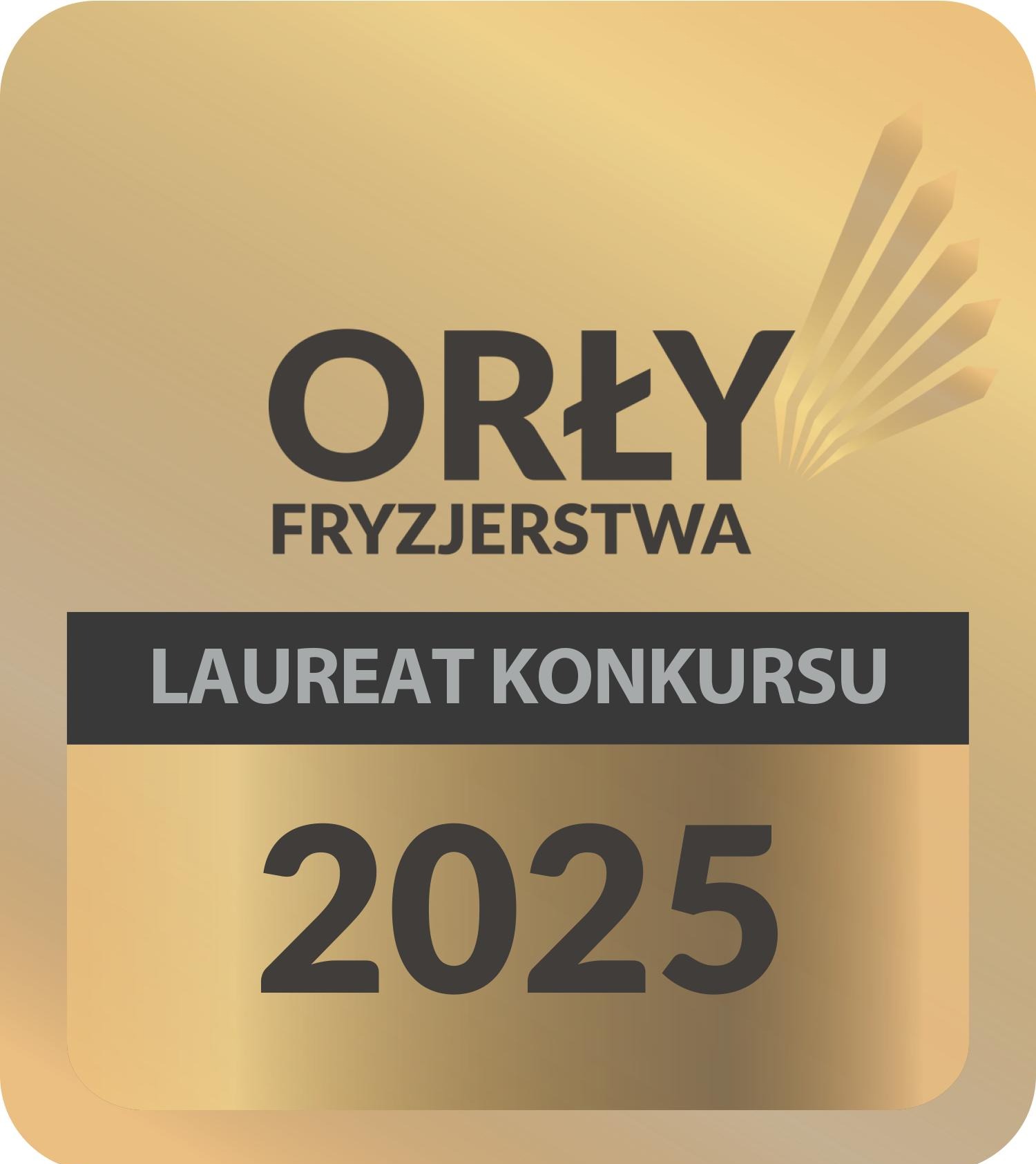 Grafika: Złoty certyfikat 'Orły Fryzjerstwa - Laureat Konkursu 2025', symbolizujący uznanie i wysoką jakość usług w branży.