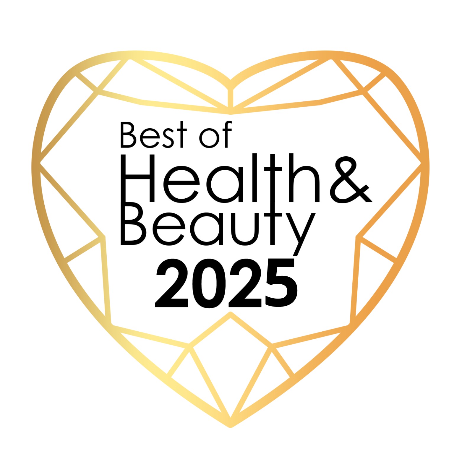 Złote serce z napisem 'Best of Health & Beauty 2025'. Grafika wyróżnienia dla salonu w branży zdrowia i urody, na białym tle.