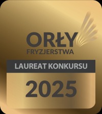 Złota odznaka 'Orły Fryzjerstwa' z napisem 'Laureat Konkursu 2025', symbolizująca branżowe wyróżnienie w dziedzinie usług fryzjerskich.