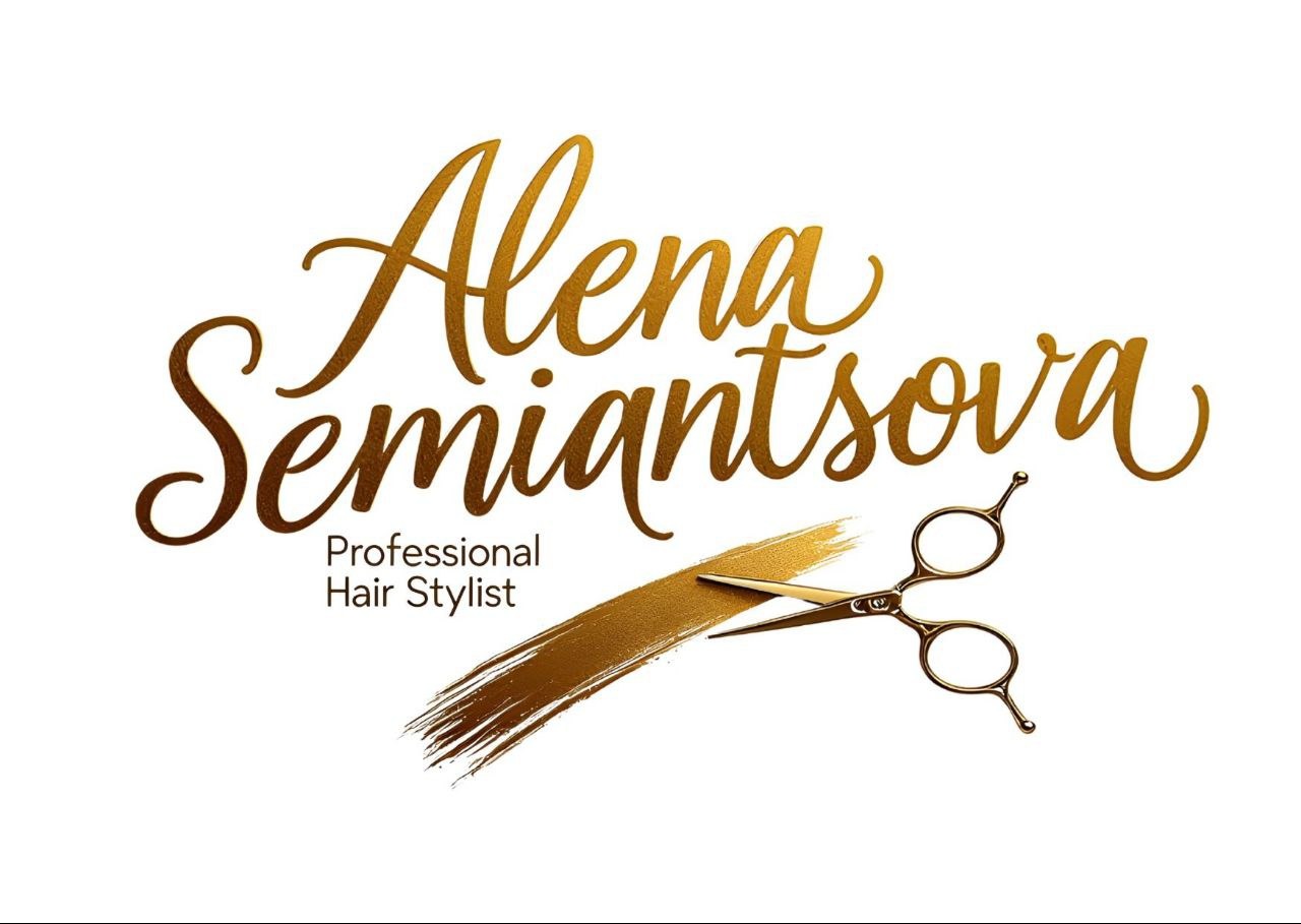 Złoty napis 'Alena Semiantsva Professional Hair Stylist' i nożyczki przecinające złoty pas na białym tle. Eleganckie logo.