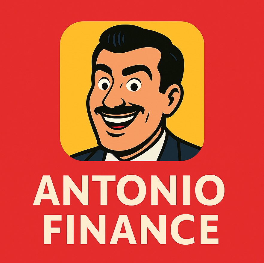 Retro ilustracja uśmiechniętego mężczyzny w garniturze, logo „Antonio Finance” na czerwonym tle.