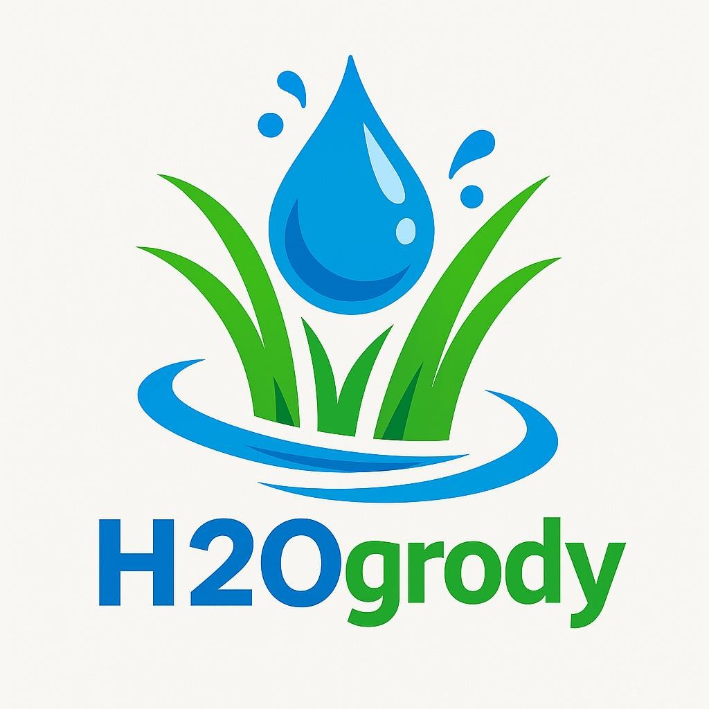 Grafika logo H2Ogrody: kropla wody nad trawą, otoczona falą, symbolizująca systemy nawadniania. Kolorystyka: błękit i zieleń na jasnym tle.