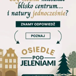 Grafika reklamowa osiedla 'Pod Jeleniemi' z pytaniem o możliwość mieszkania blisko centrum i natury. Stylizowany budynek i drzewa. Adres strony internetowej.