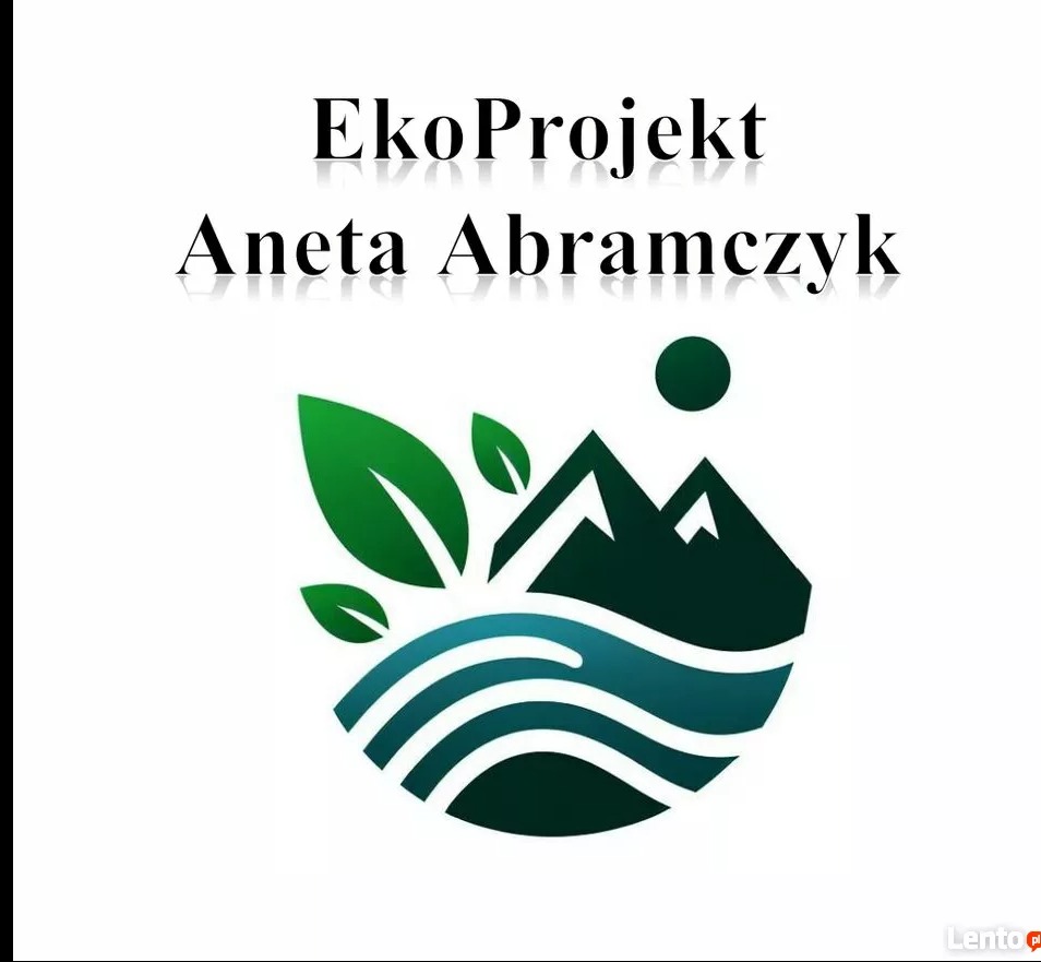 Grafika EkoProjekt Aneta Abramczyk: zielone liście, góry i fale symbolizujące naturę, umieszczone na białym tle. Minimalistyczny design w odcieniach zieleni i błękitu.