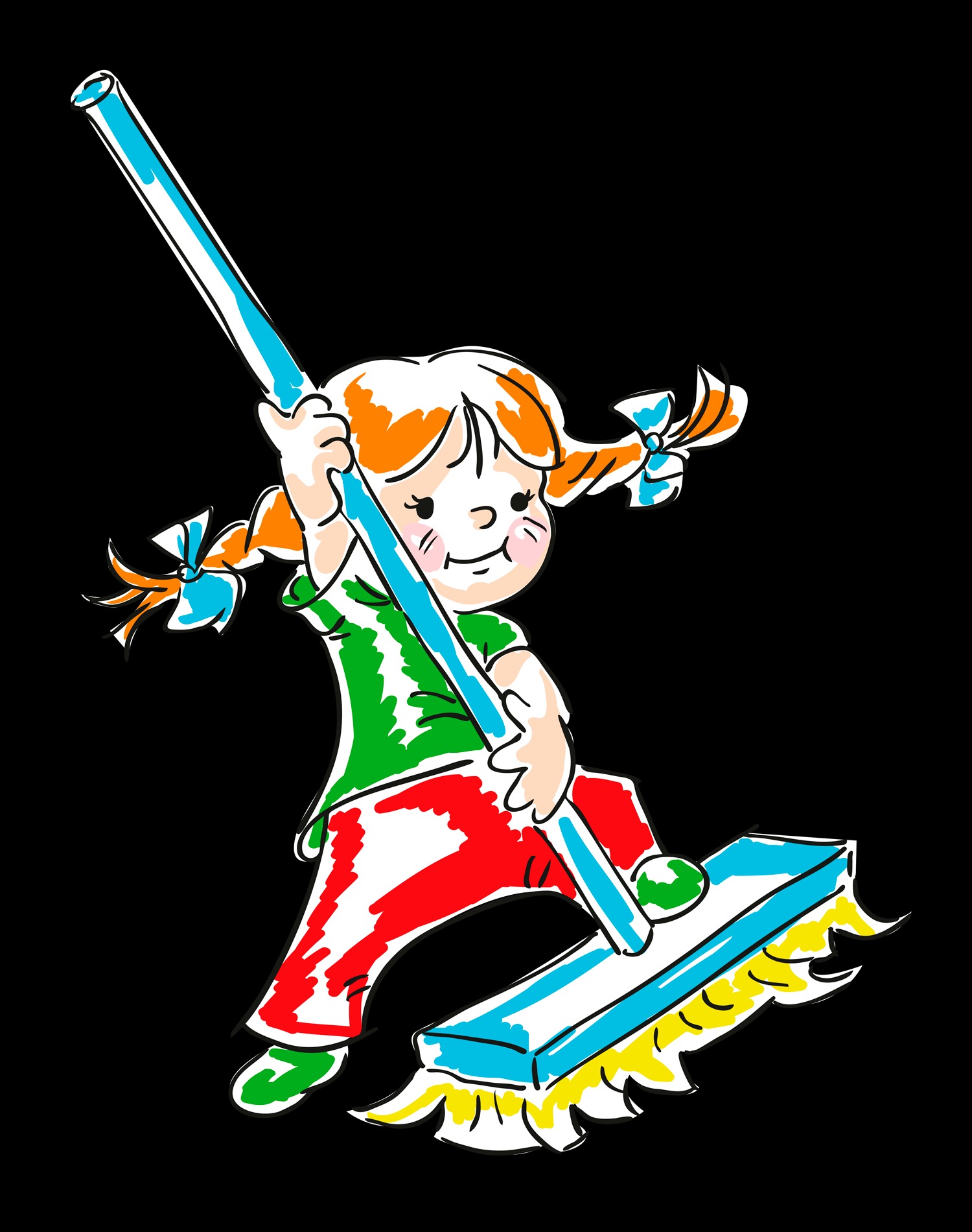 Kolorowa ilustracja przedstawia uśmiechniętą dziewczynkę z pomarańczowymi włosami, sprzątającą podłogę za pomocą niebieskiego mopa na czarnym tle.