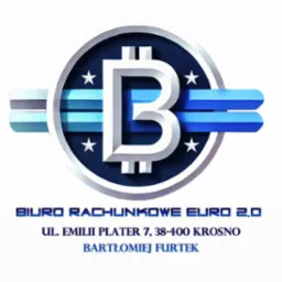 Logo Biura Rachunkowego Euro 2.0 z symbolem 'B' w okręgu, gwiazdami i poziomymi paskami. Adres: ul. Emilii Plater 7, Krosno. Imię i nazwisko: Bartłomiej Furtek.