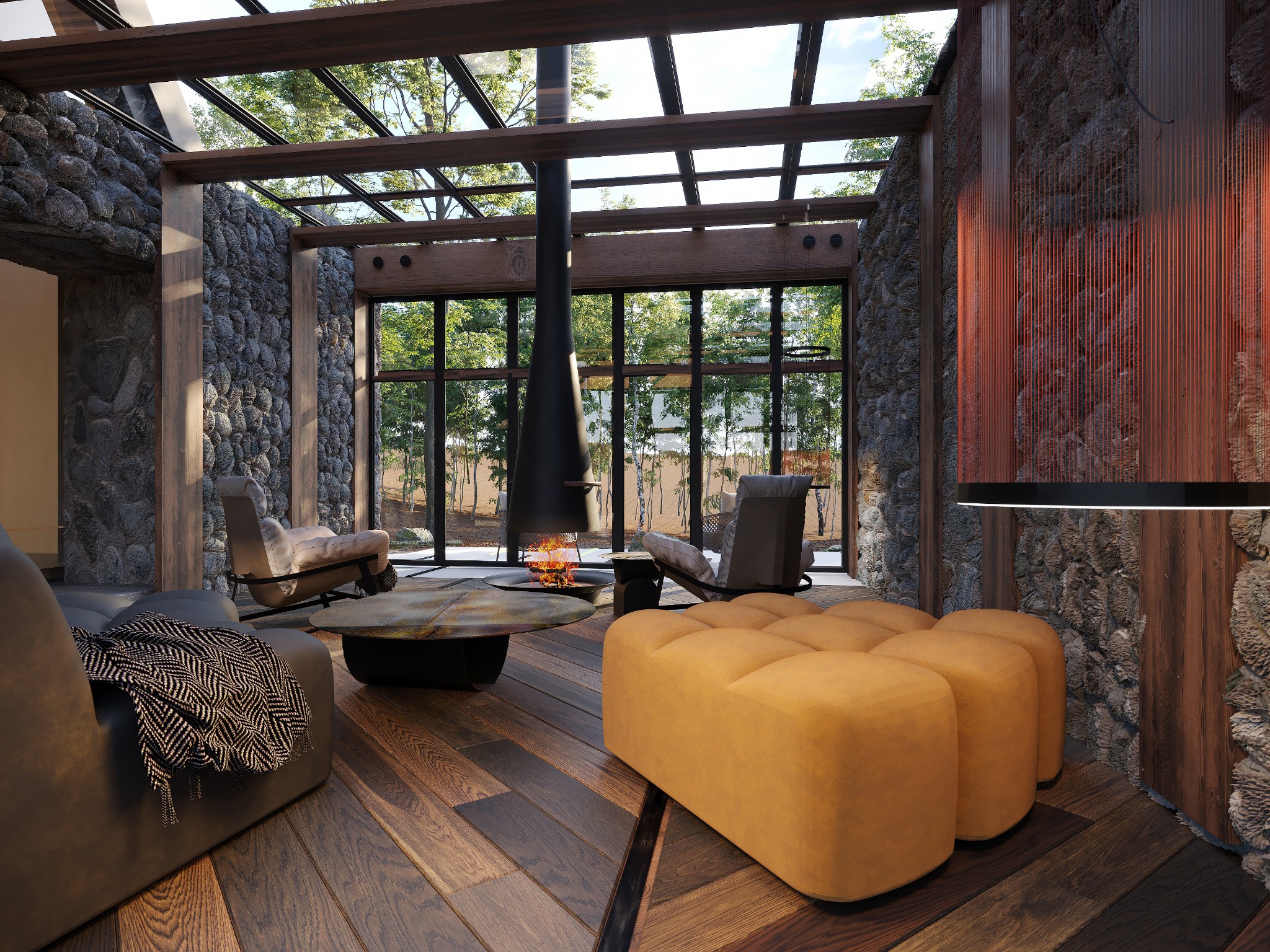 Nowoczesny salon z kamiennymi ścianami, przeszklonym dachem i kominkiem. Wnętrze doświetlone naturalnym światłem, z drewnianą podłogą i designerskimi meblami.