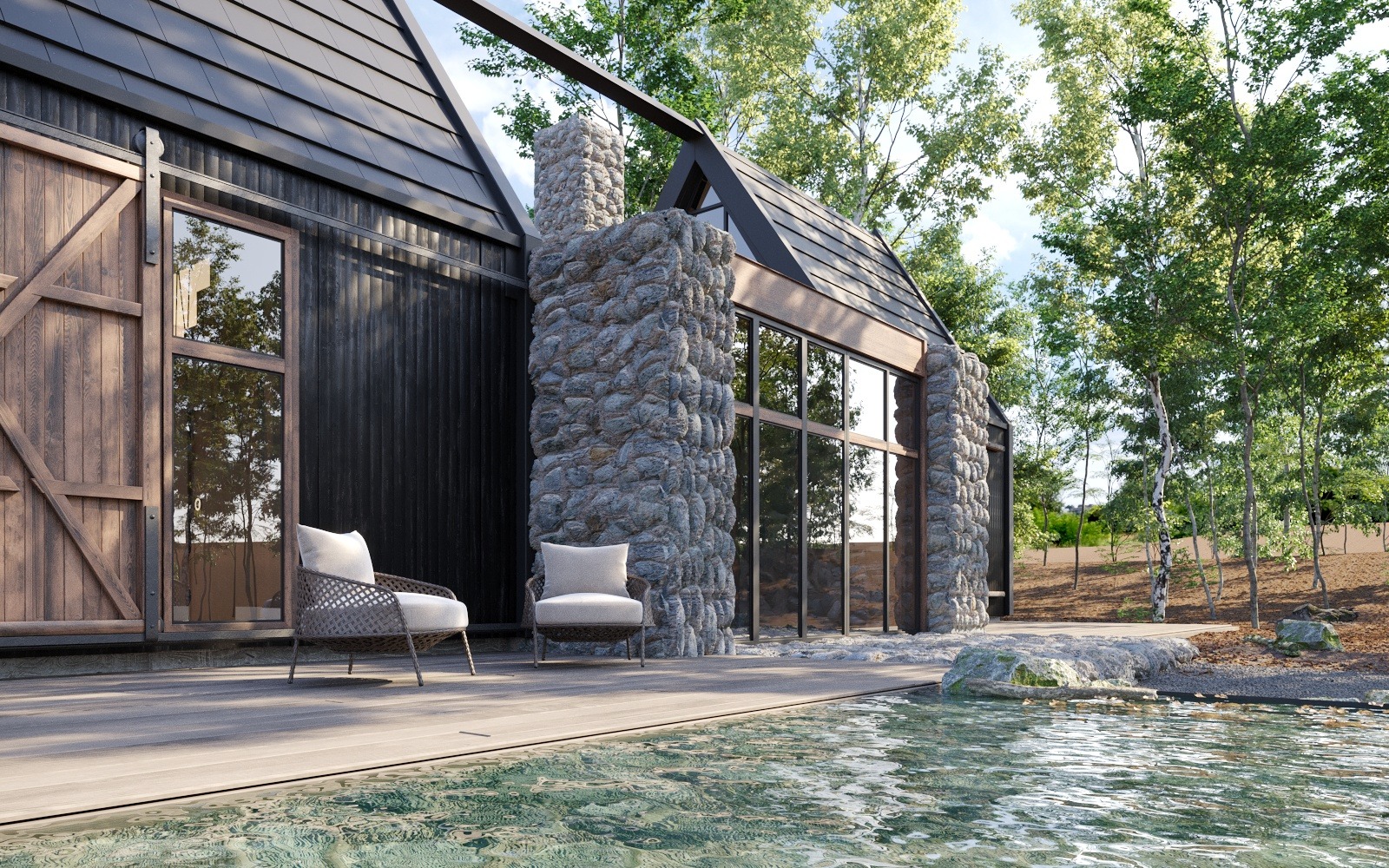 Nowoczesny dom z kamiennymi elementami, drewnianą elewacją i dużymi oknami, otoczony zielenią, widziany z perspektywy basenu. Dwa krzesła na tarasie.