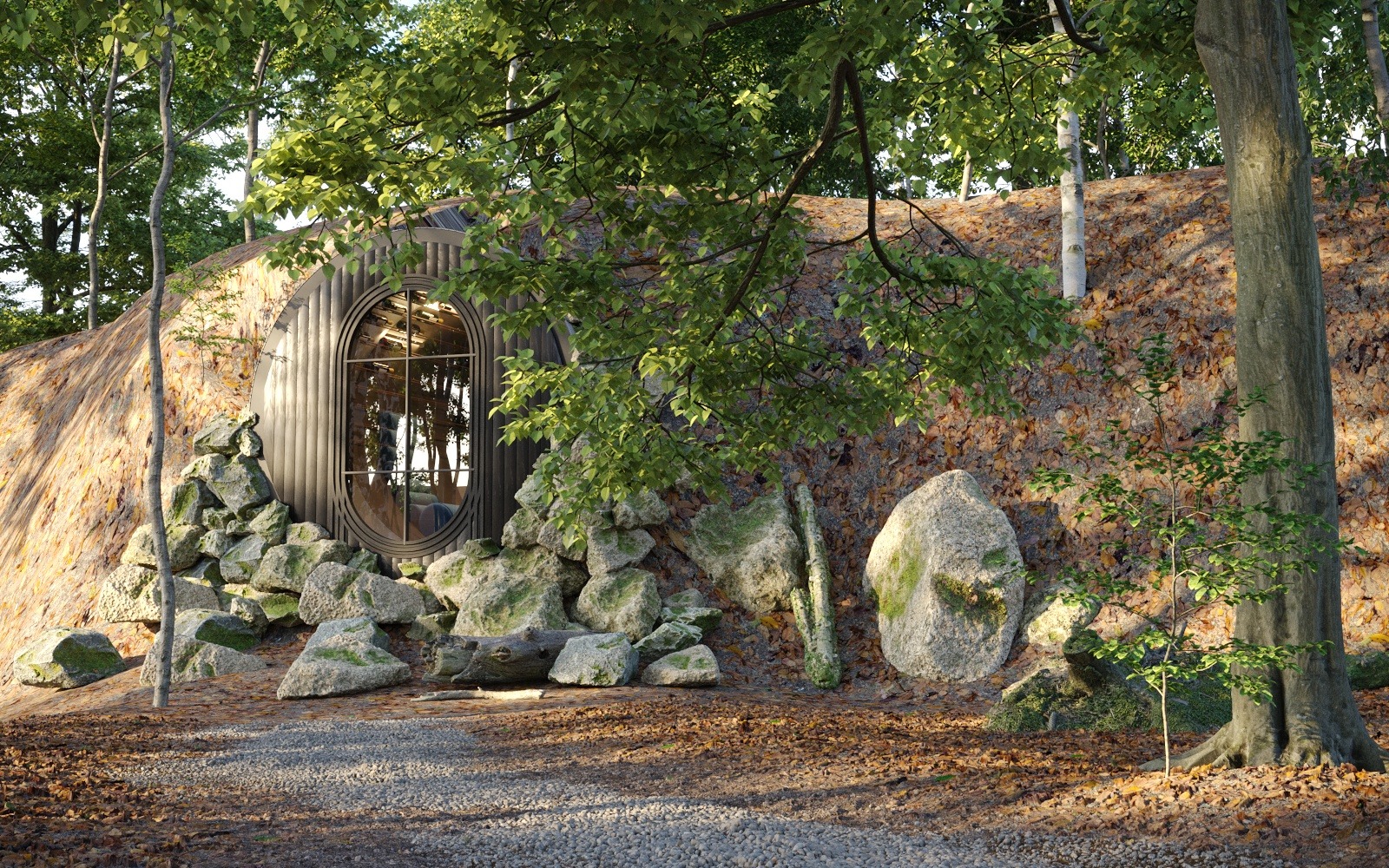 Ziemianka z owalnym oknem, otoczona kamieniami i zielenią, wtapia się w naturalne zbocze. Oświetlenie podkreśla unikalny charakter budynku.