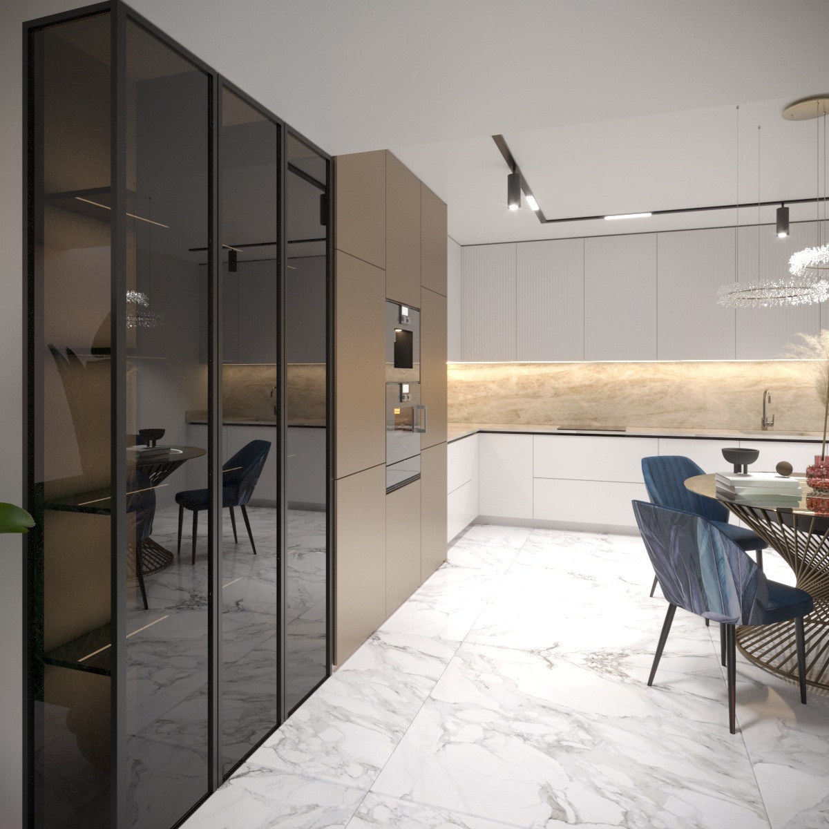 Nowoczesna kuchnia z marmurową podłogą, przeszkloną szafą i okrągłym stołem z aksamitnymi krzesłami. Minimalistyczne oświetlenie sufitowe i beżowe szafki.