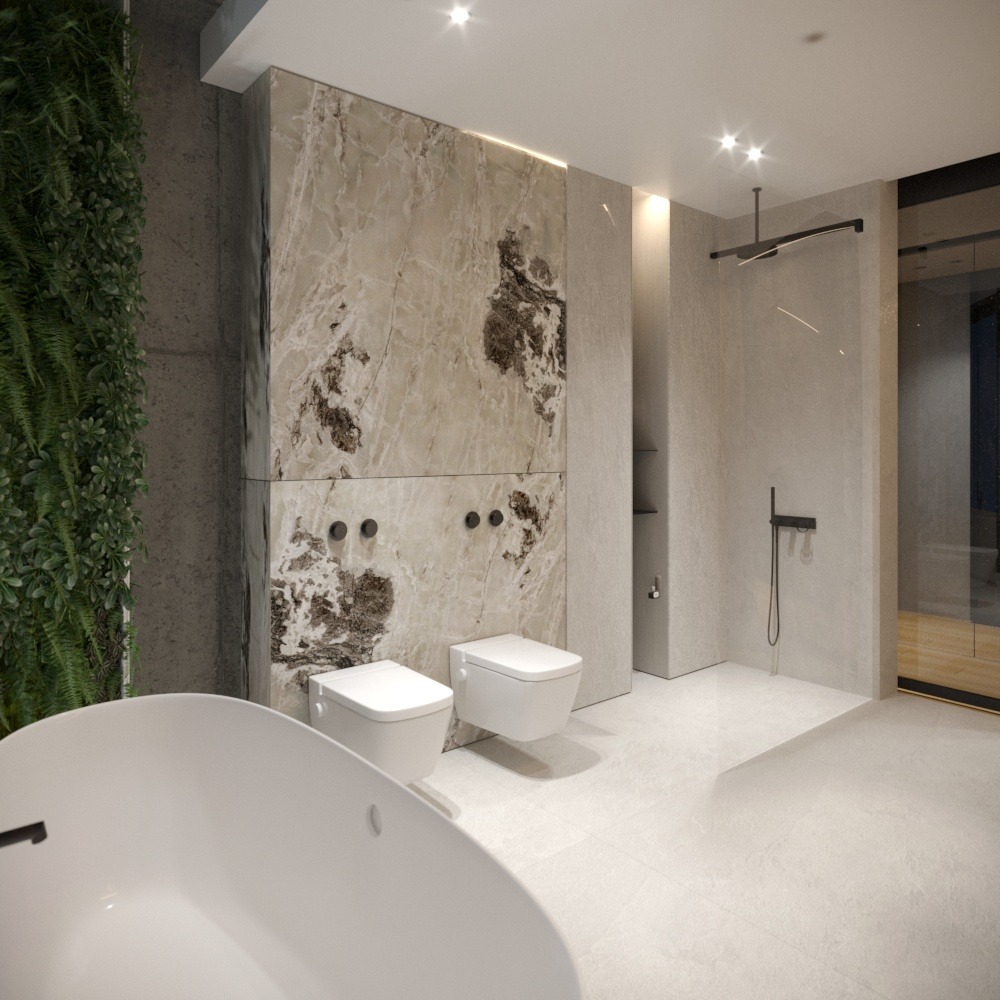 Nowoczesna łazienka z marmurową ścianą, podwieszanymi toaletami i zieloną ścianą. Minimalistyczny design z akcentami natury i eleganckim oświetleniem.
