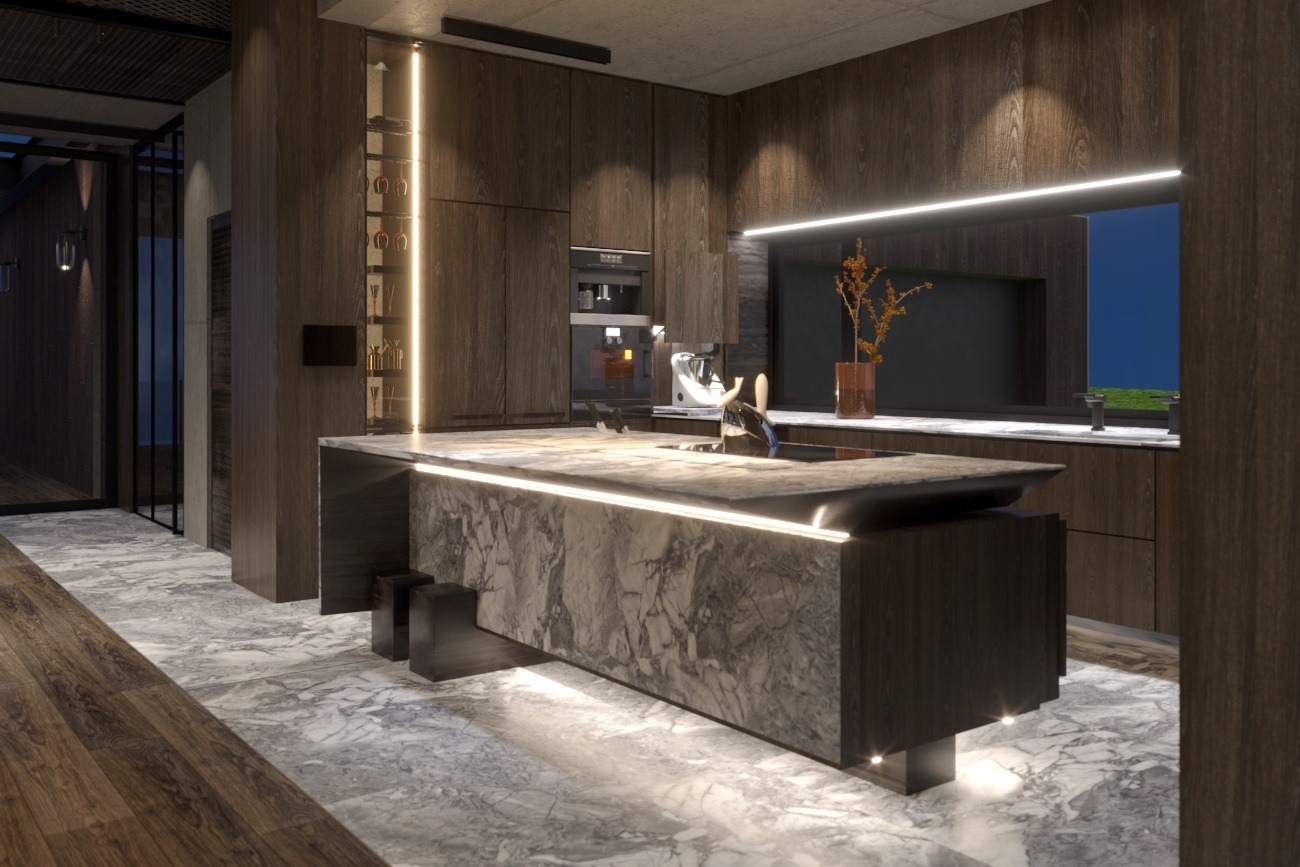 Nowoczesna kuchnia z marmurową wyspą oświetloną LED, drewniane szafki i podłoga z marmuru, minimalistyczny design z oknem i elementami dekoracyjnymi.