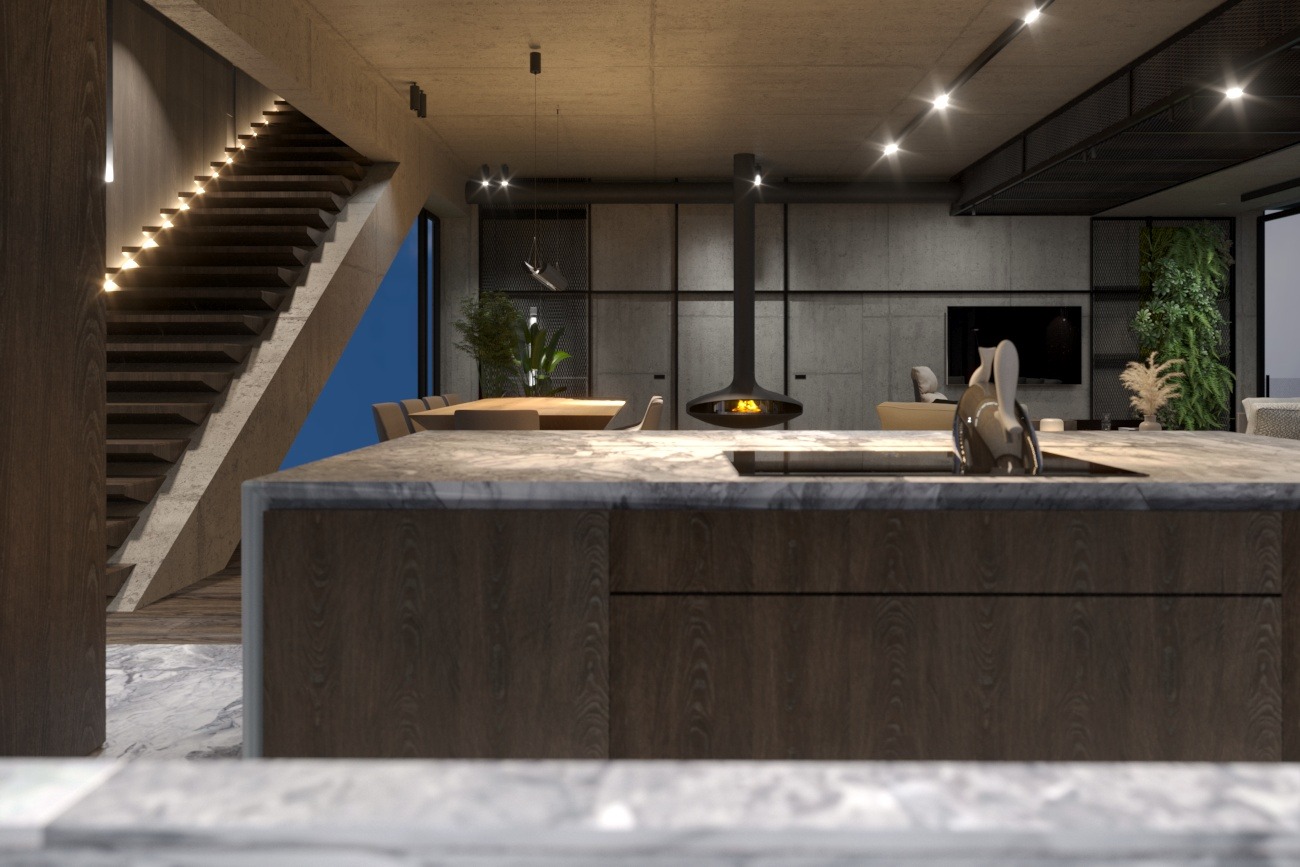 Nowoczesne wnętrze z marmurową wyspą kuchenną, widocznymi schodami z oświetleniem punktowym, wiszącym kominkiem i ścianą z roślin. Minimalistyczny design.