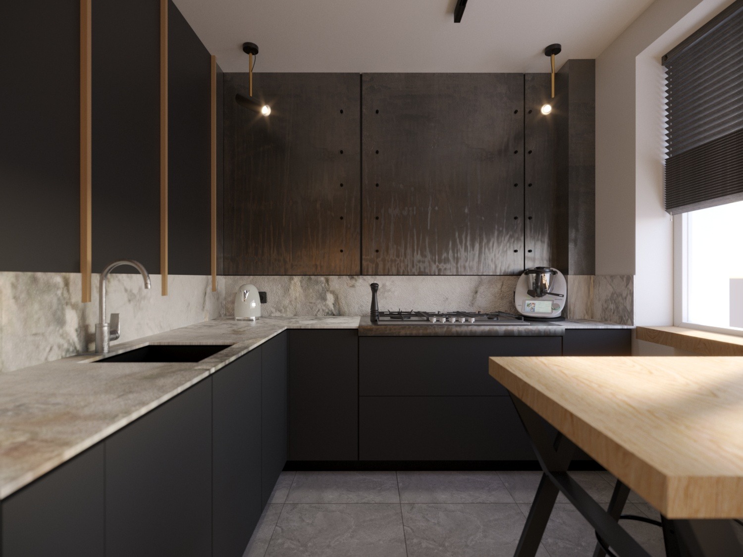 Nowoczesna kuchnia z czarnymi frontami, marmurowym blatem i ścianą imitującą beton. Minimalistyczne oświetlenie punktowe i drewniany stół jadalny.