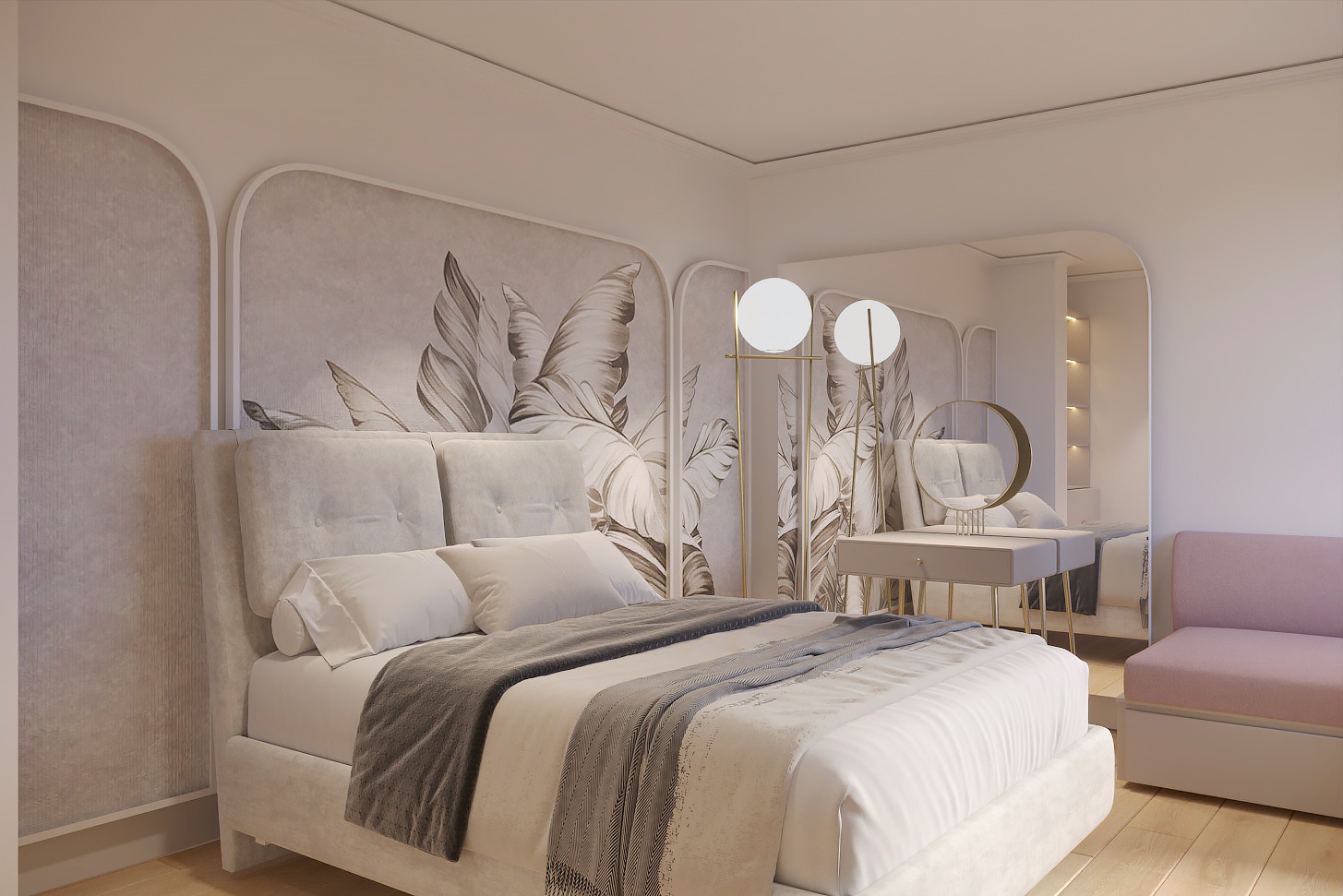 Elegancka sypialnia z łóżkiem w odcieniach szarości, tapetą w motywy roślinne i toaletką z okrągłym lustrem, oświetlona przez nowoczesne lampy podłogowe.