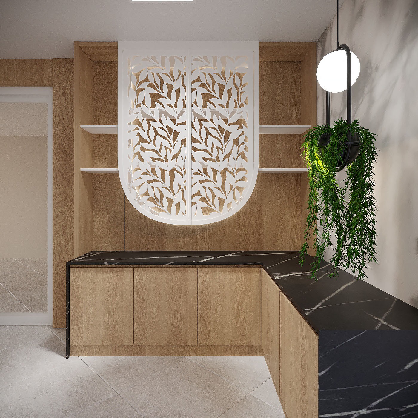 Aranżacja wnętrza: zabudowa z drewnianymi szafkami, czarnym blatem i dekoracyjnym, ażurowym panelem z motywem liści, uzupełniona wiszącą rośliną i oświetleniem.