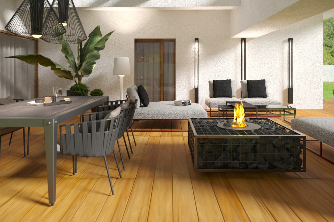 Nowoczesny taras z drewnianą podłogą, meblami wypoczynkowymi i paleniskiem z kamieni. Oświetlenie punktowe i rośliny dodają elegancji.