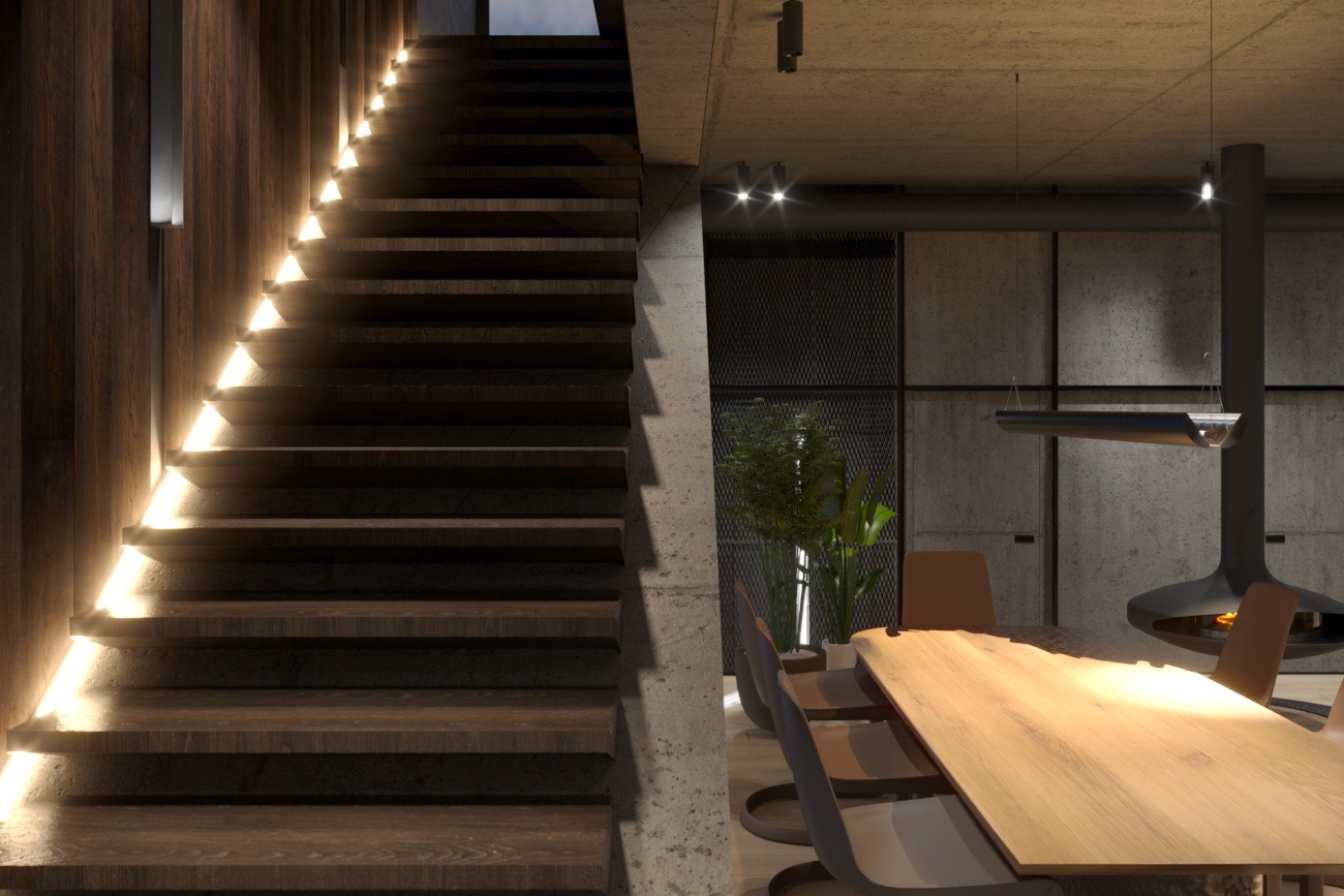 Nowoczesne schody z podświetleniem LED prowadzące do góry, obok stół jadalny z krzesłami i wiszący kominek w industrialnym wnętrzu z surowego betonu.