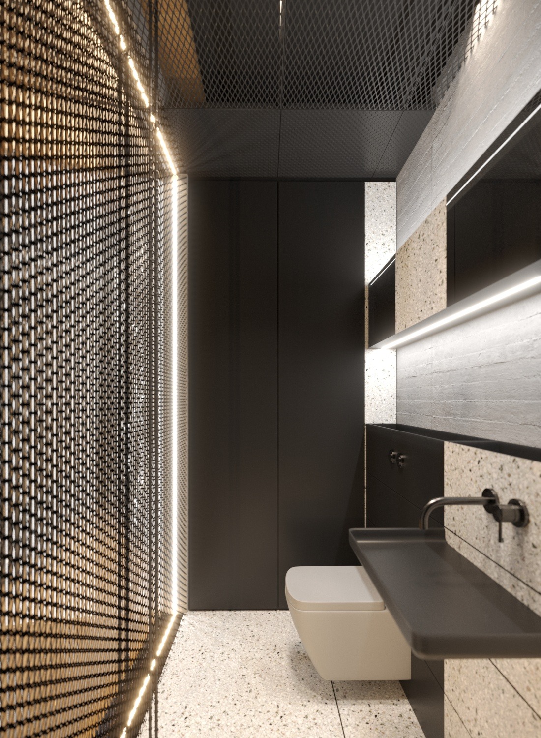 Nowoczesna łazienka z betonową umywalką, podświetlaną siatką i podłogą lastryko. Minimalistyczny design, czarne szafki, subtelne oświetlenie LED.