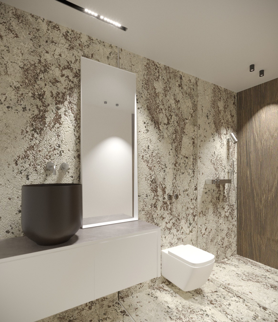 Nowoczesna łazienka z umywalką w kształcie misy, minimalistyczną toaletą i dużym lustrem na tle ściany o dekoracyjnej fakturze w odcieniach beżu i brązu.