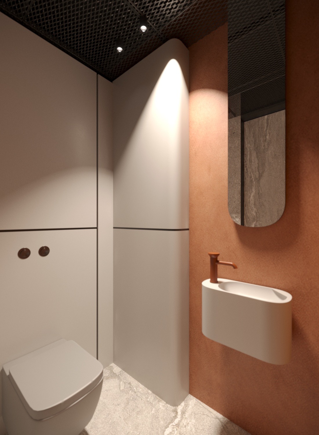 Minimalistyczna aranżacja łazienki z podwieszaną umywalką, lustrem o zaokrąglonym kształcie i toaletą w odcieniach bieli i terakoty, oświetlona punktowo.