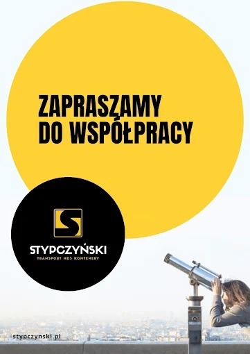 Zapraszamy do współpracy: logo firmy transportowej Stypczyński, kobieta spogląda przez lunetę na panoramę miasta. Transport HDS kontenery.
