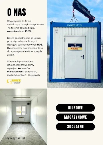 Kontener budowlany podnoszony dźwigiem HDS, z widocznym wnętrzem i informacją o wynajmie kontenerów biurowych, magazynowych i socjalnych. Firma Stypczyński.
