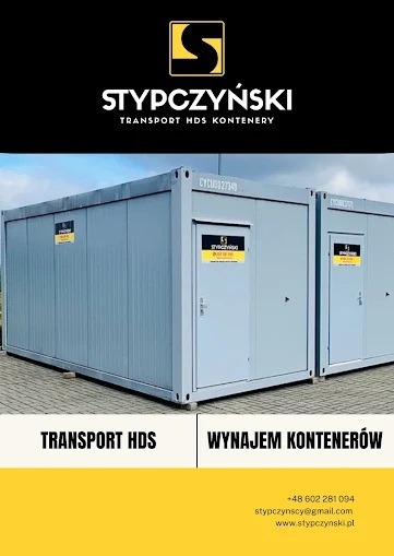 Dwa szare kontenery z logo firmy Stypczyński, oferującej transport HDS i wynajem kontenerów, na tle kostki brukowej. Widoczny numer seryjny kontenera.