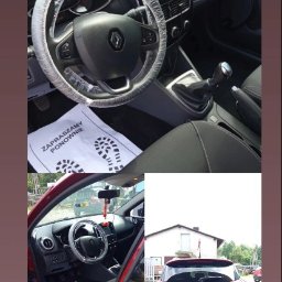 AI Detailing - Czerwony Renault Clio: wnętrze z folią na kierownicy i zaproszeniem do ponownego skorzystania z usług, widok z zewnątrz na tle budynku.