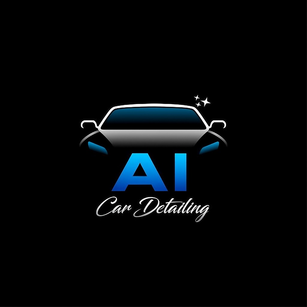 Logo firmy AI Car Detailing z sylwetką auta w bieli i szarości na czarnym tle, akcentowane niebieskim napisem i trzema gwiazdkami nad pojazdem.