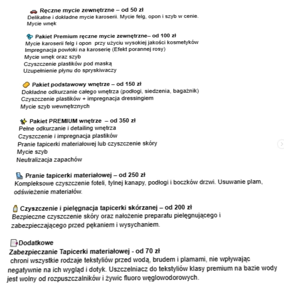 Cennik myjni samochodowej z ofertą pakietów mycia zewnętrznego i wewnętrznego, prania tapicerki materiałowej i skórzanej oraz zabezpieczania tapicerki.