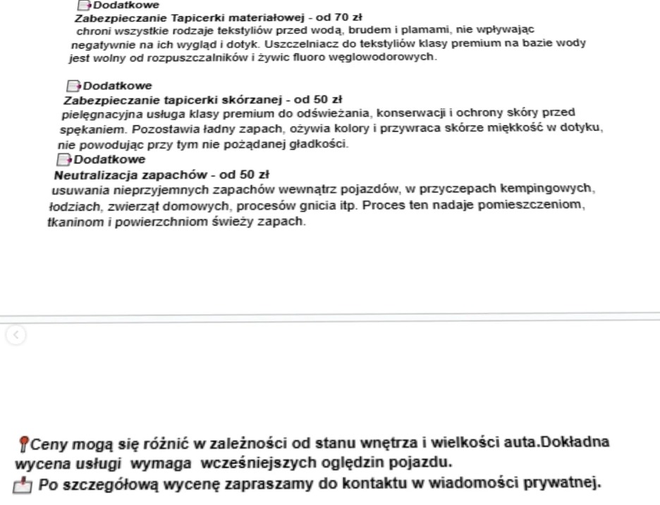 Cennik usług prania i zabezpieczania tapicerki materiałowej i skórzanej, neutralizacji zapachów w pojazdach, przyczepach kempingowych i łodziach. Ceny od 50 zł.