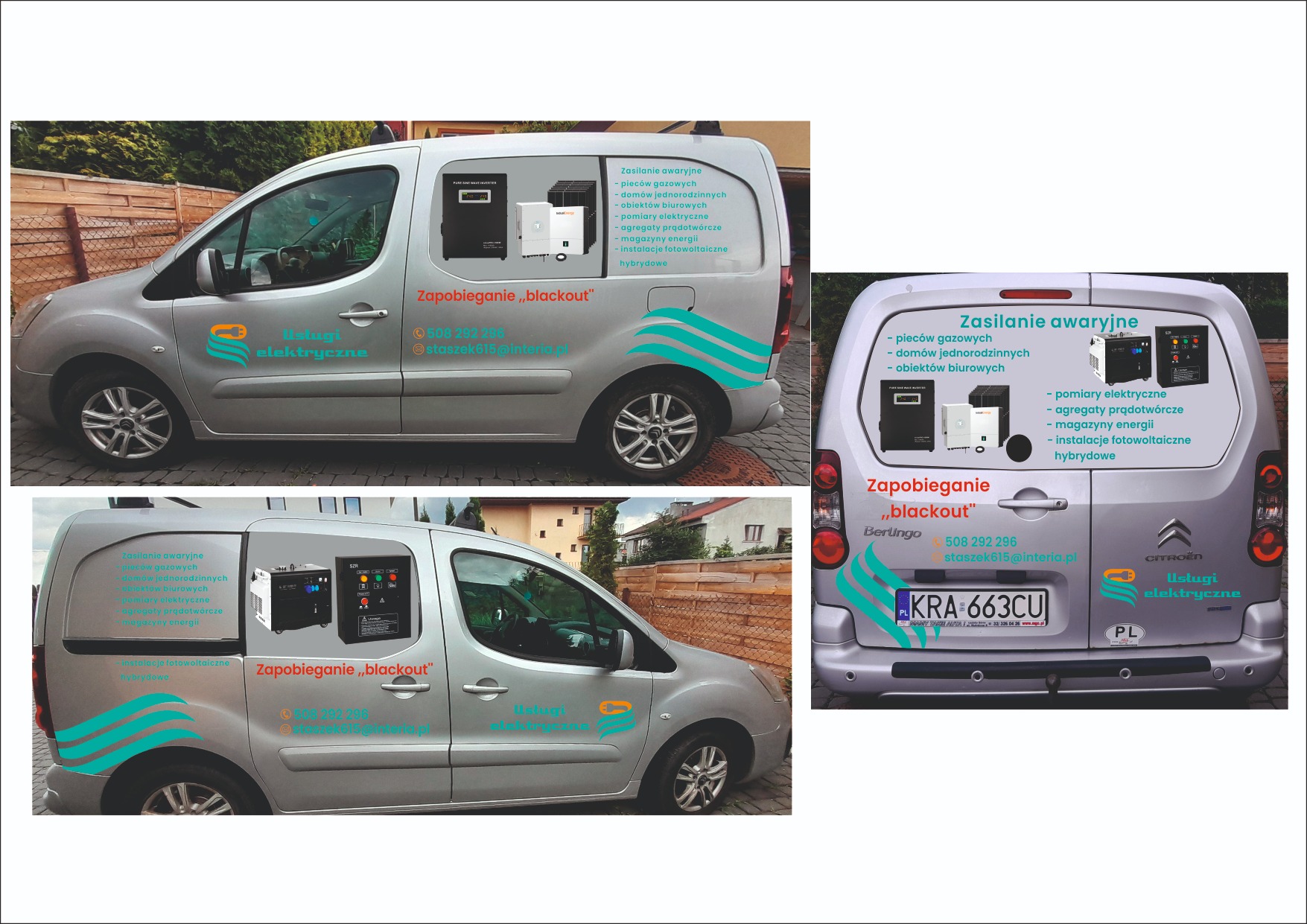 Srebrny samochód dostawczy z logo firmy 'Usługi Elektryczne' i hasłem 'Zapobieganie blackout'. Reklama usług: zasilanie awaryjne, pomiary elektryczne, fotowoltaika.