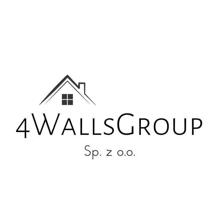 Minimalistyczne logo firmy '4WallsGroup Sp. z o.o.' z symbolem domu w górnej części. Czarno-biała grafika na białym tle, prosty i nowoczesny design.