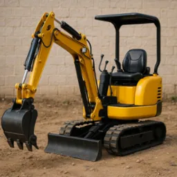 Żółta mini koparka na gąsienicach, z czarną kabiną i łyżką, stoi na ziemi. W tle mur z jasnej cegły. Maszyna gotowa do pracy.