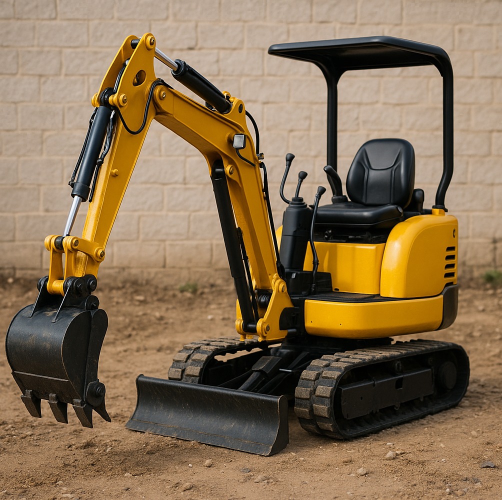 Żółta mini koparka na gąsienicach, z czarną kabiną i łyżką, stoi na ziemi. W tle mur z jasnej cegły. Maszyna gotowa do pracy.