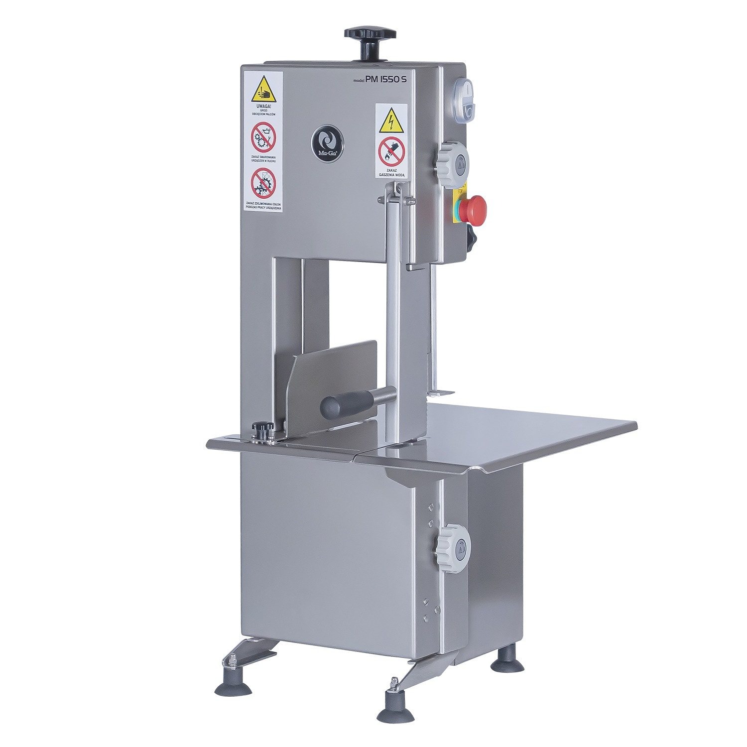 Profesjonalna piła taśmowa do mięsa Maga PM 1550 S ze stali nierdzewnej, z widocznymi oznaczeniami ostrzegawczymi i ergonomicznym uchwytem.