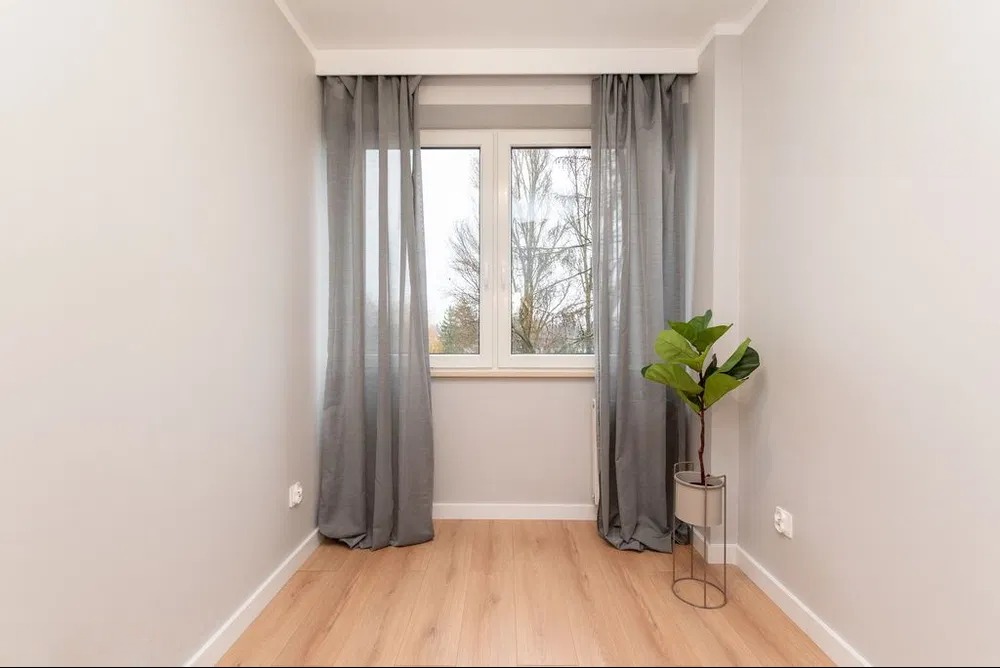 Jasne wnętrze po remoncie: świeżo pomalowane ściany, drewniana podłoga, okno z szarymi zasłonami i roślina w minimalistycznej donicy.