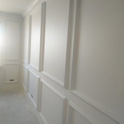 Glazrem - Biała ściana z dekoracyjnymi panelami i listwami w klasycznym stylu. Widoczne gniazdka elektryczne. Minimalistyczne wykończenie wnętrza w jasnej tonacji.