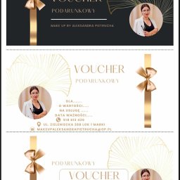Katarzyna Borkowska - Elegancki projekt vouchera prezentowego w odcieniach złota i czerni, z wizerunkiem wizażystki i danymi kontaktowymi, idealny na usługi makijażu.