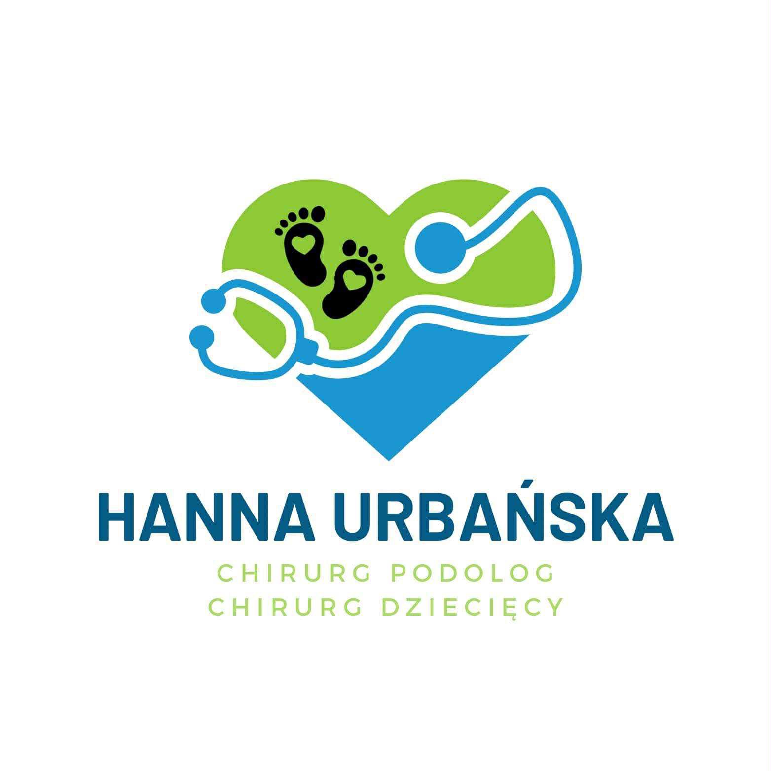 Logo gabinetu podologicznego: zielono-niebieskie serce ze stetoskopem i śladami stóp dziecka, nazwa gabinetu 'Hanna Urbańska' i specjalizacje.