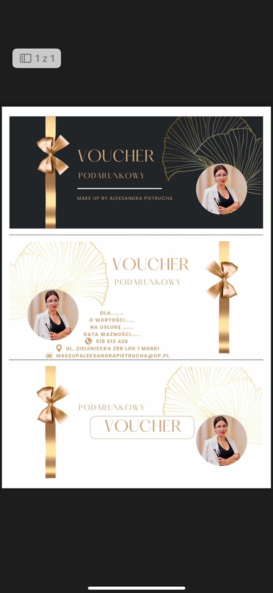 Elegancki projekt vouchera prezentowego w odcieniach złota i czerni, z wizerunkiem wizażystki i danymi kontaktowymi, idealny na usługi makijażu.