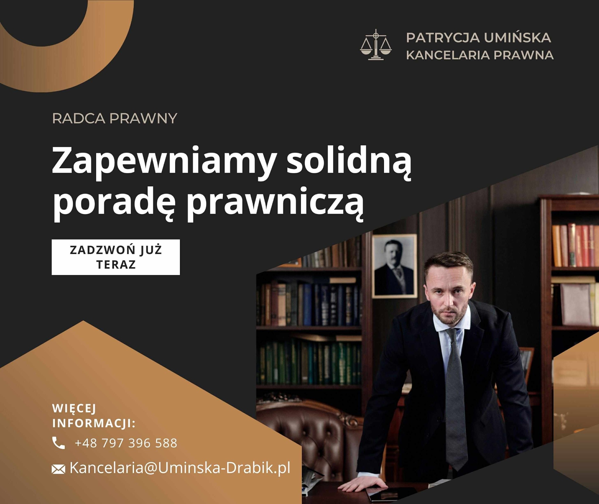 Elegancki baner kancelarii prawnej z radcą prawnym w garniturze, hasłem 'Zapewniamy solidną poradę prawniczą' i danymi kontaktowymi.