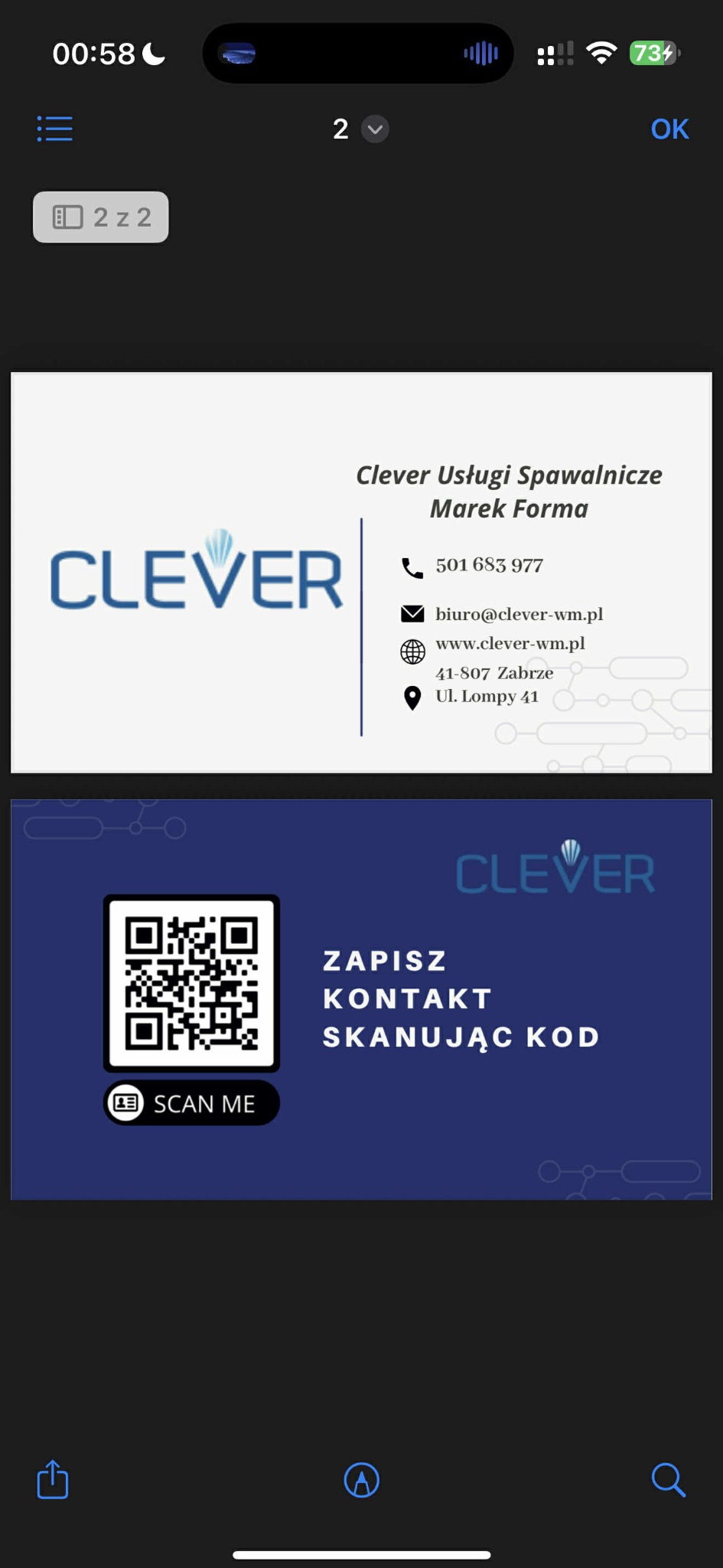 Dwuczęściowa wizytówka firmy Clever Usługi Spawalnicze z QR kodem do zapisu kontaktu. Górna część biała, dolna niebieska z hasłem 'Zapisz kontakt skanując kod'.