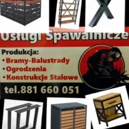 Zestawienie produktów i usług spawalniczych: bramy, balustrady, ogrodzenia, konstrukcje stalowe. Ujęcie obejmuje zarówno gotowe wyroby, jak i reklamę firmy spawalniczej.