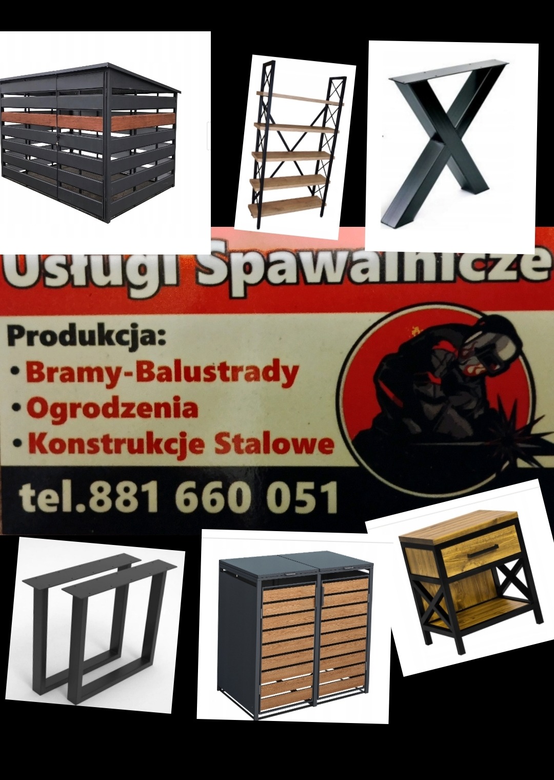 Zestawienie produktów i usług spawalniczych: bramy, balustrady, ogrodzenia, konstrukcje stalowe. Ujęcie obejmuje zarówno gotowe wyroby, jak i reklamę firmy spawalniczej.